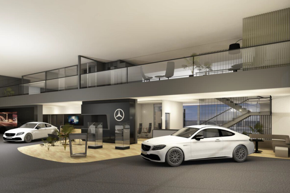 Så här kommer Mercedes-Benz nya showroom hos Småländska Bil att se ut. Inredningen ger en atmosfär som andas lyx, exklusivitet och lugn. Här är kunden i centrum.