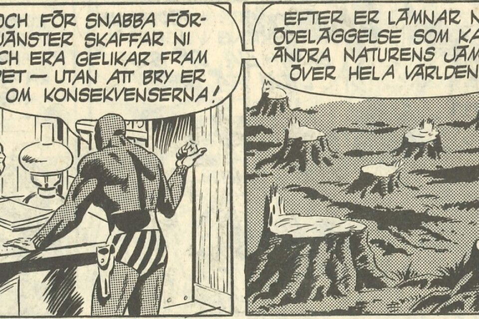 Miljöförstörelsen och atombomben var andra frågor som engagerade den svenske Fantomen på 1970-talet. Pressbild.