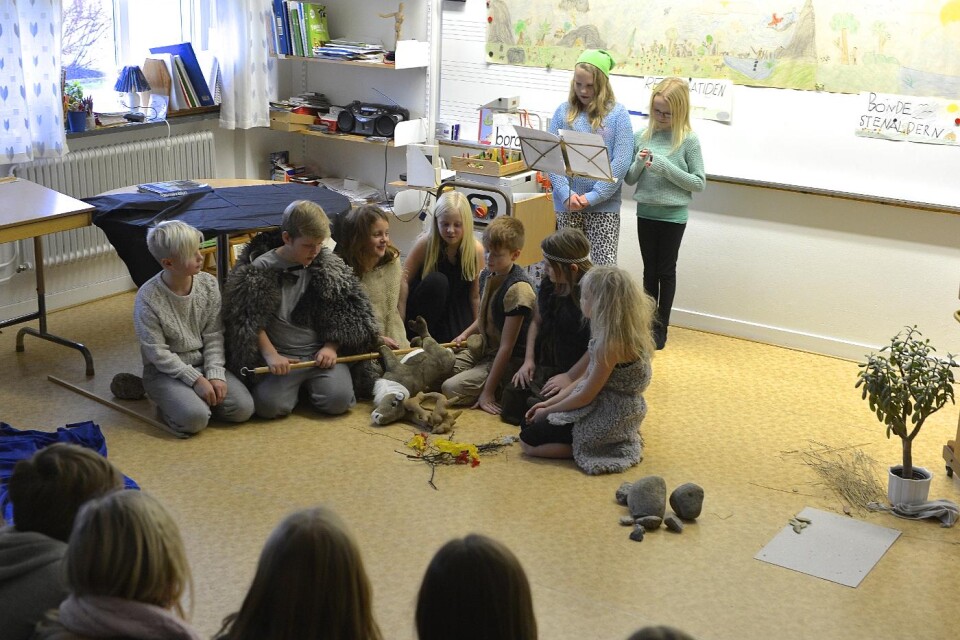 Klass 3 A på Jämshögs skola bjöd under tisdagen på redovisning av de senaste veckornas stenålderstudier i teaterform. Foto: Johan Lenell