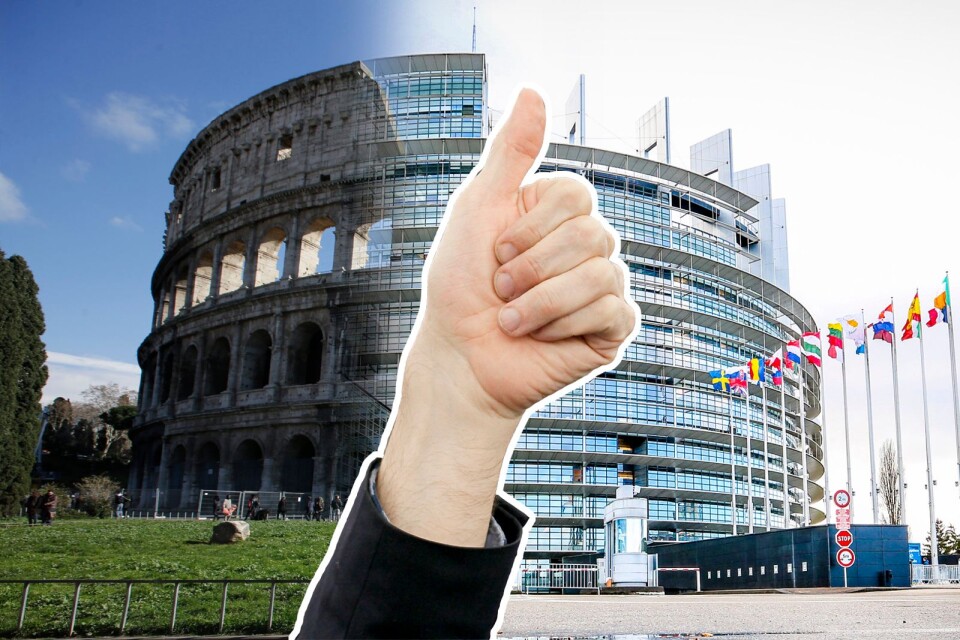 När EU-parlamentet samlas i plenisalen i Strasbourg (höger i bild) används en ritual som främst är känd från det forna Romarriket och gladiatorstriderna i Colosseum (vänster i bild). Obs. Bilden är ett montage.