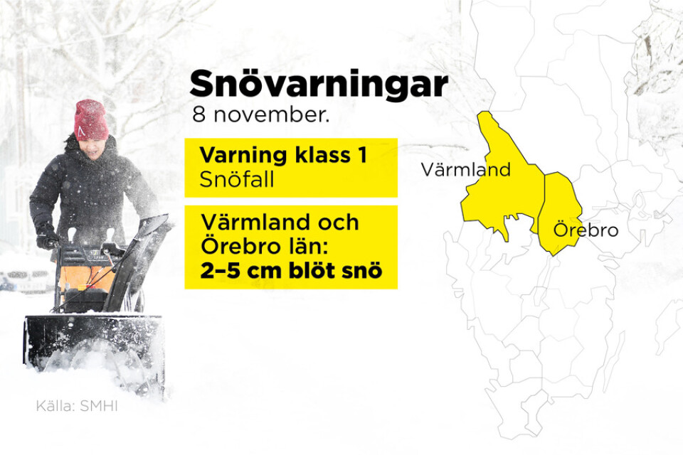 En klass 1-varning för snöfall i Värmland och Örebro län har utfärdats.