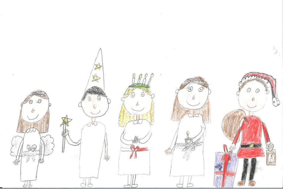 Maja Renemark, 9 år i Växjö har skickat in den här fina teckningen på ett luciatåg.