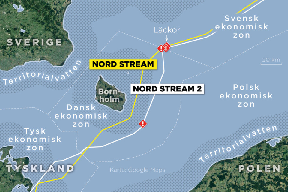Kartan visar de fyra läckorna på gasledningarna Nord Stream och Nord Stream 2 och ekonomiska zoner och territorialvatten.