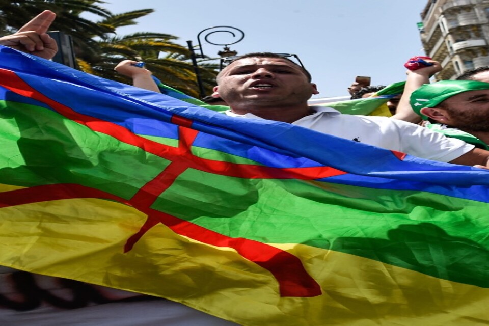 Algeriska demonstranter lyfter amazighflaggan (till vänster), jämte den nationella flagan (till höger) under en demonstration den 21 juni – strax efter att flaggförbudet trädde i kraft.
