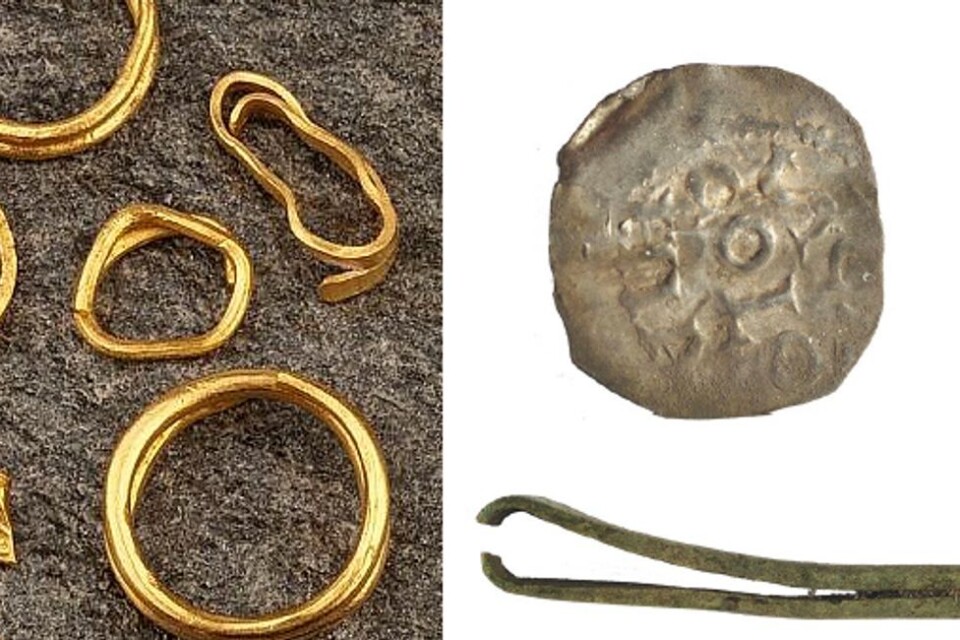 Tyskt vikingatida silvermynt och Pincett av brons från mellersta järnålder som upptäcktes 2010. Foto: Max Jahrehorn. Sju spiralringar av guld från samma fyndplats fast på 70-talet. Foto: Christer Åhlin.
