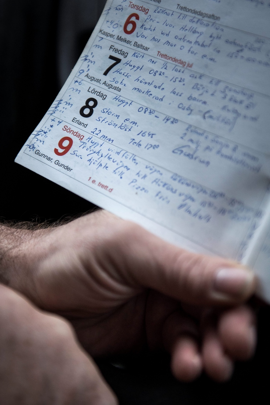 Lars-Erik Levin har skrivit dagbok i tiotals år. Här visar han sina anteckningar från de ödesdigra dygnen i januari 2005. Foto: Sofia Åström