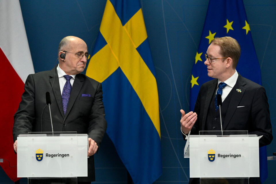 Polens utrikesminister Zbigniew Rau och utrikesminister Tobias Billström under en pressträff i Stockholm.
