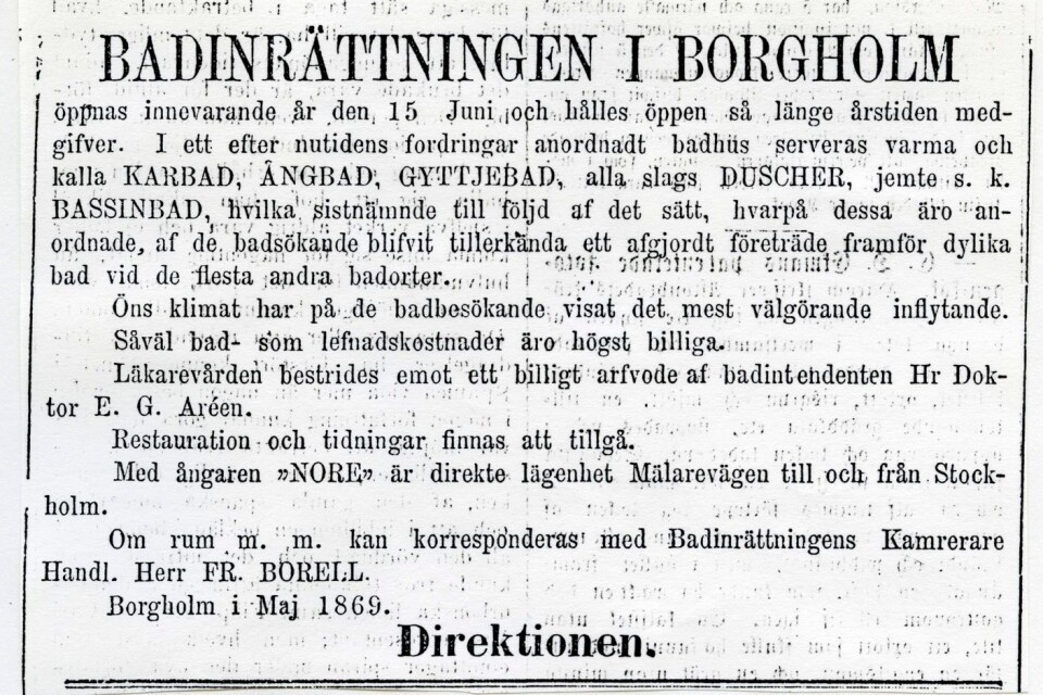 En annons i Ölandsbladet 1869, i vilken badortens förträfflighet framgår tydligt.