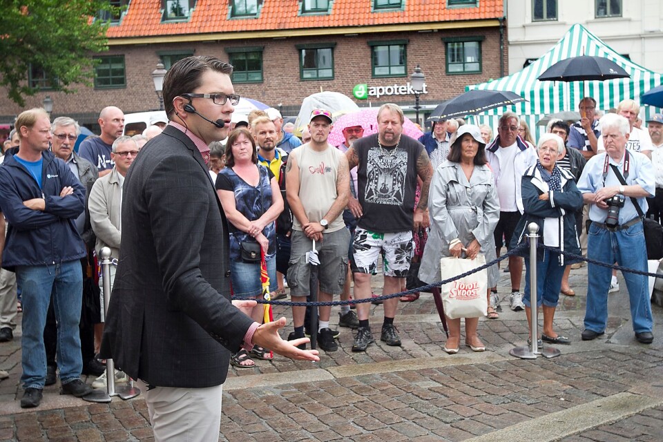 Jimmie Åkesson talade i Ystad i valrörelsen 2014.