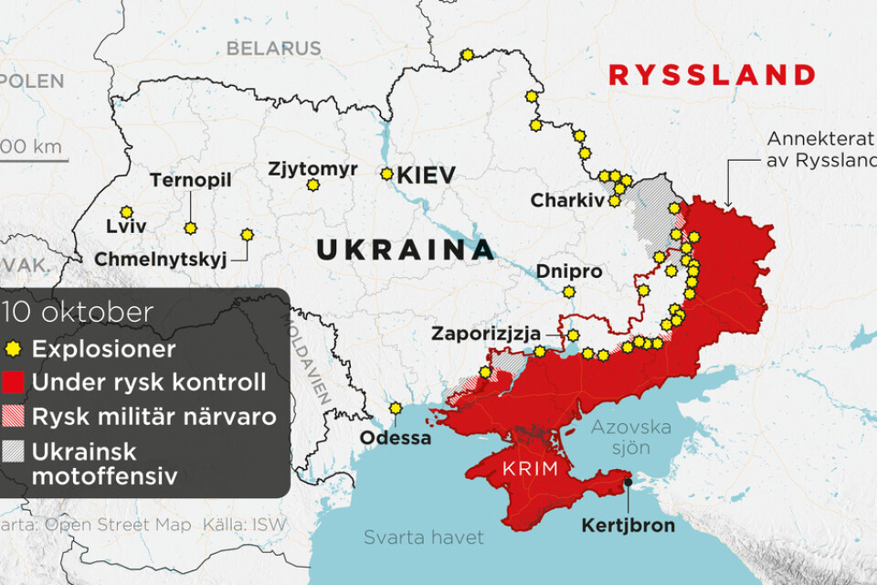Områden under rysk kontroll, områden med rysk militär närvaro, ukrainska motoffensiver samt annekterade områden i Ukraina den 10 oktober.
