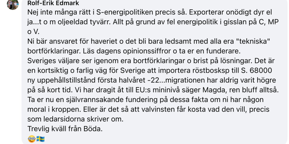 Rolf-Erik Edmarks (SD) inlägg på Facebook.