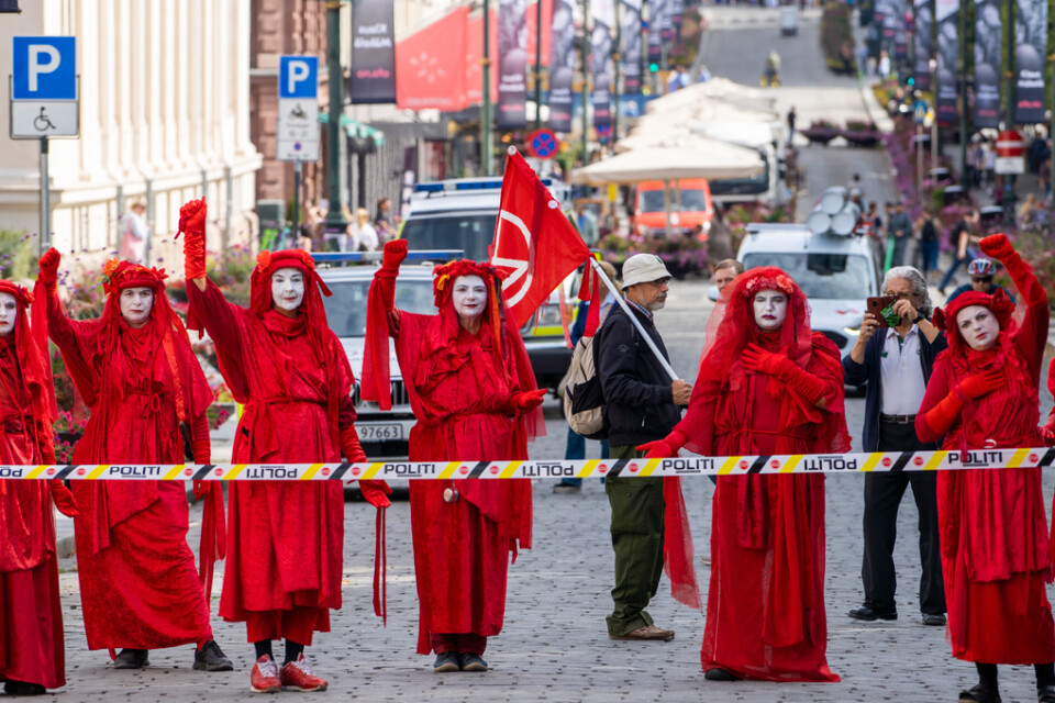 Extinction Rebellion larmar om klimatkrisen med gatuaktioner i europeiska storstäder. Bilden är tagen i Oslo i augusti, dock inte vid tillfället då Trygve Tømmerås greps.