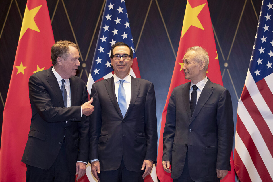 USA:s handelsrepresentant Robert Lighthizer och finansminister Steven Mnuchin i samtal med Kinas vice premiärminister Liu He under den senaste rundan handelssamtal i Kina.