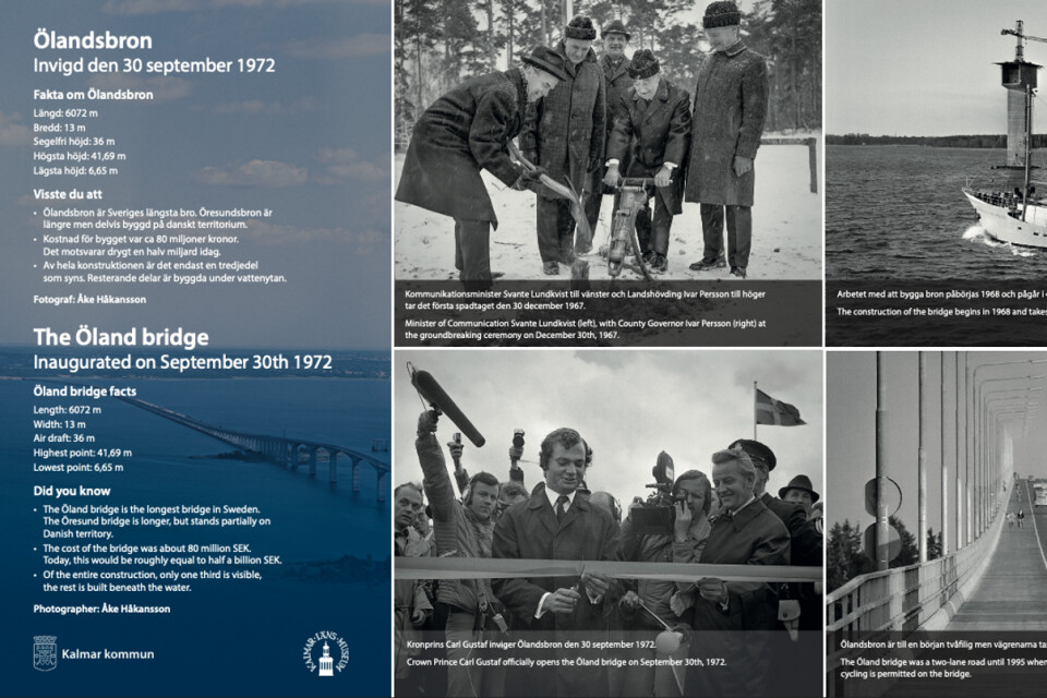 Så här kommer skyltarna att se ut. Fotografier av Åke Håkansson tillsammans med fakta om Ölandsbron.