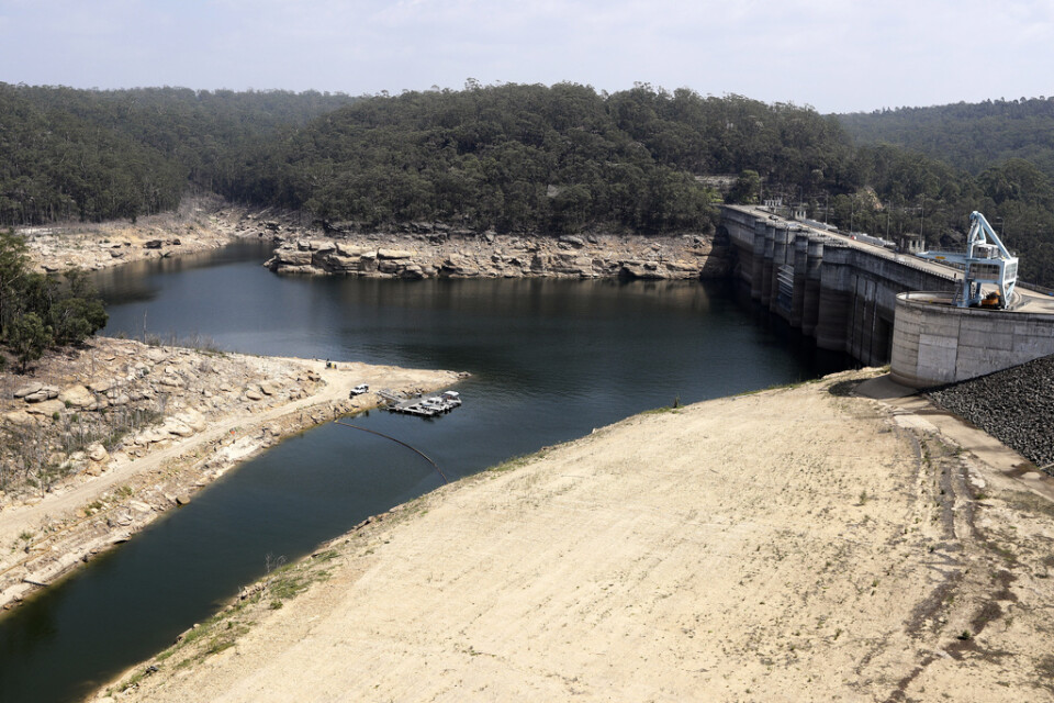 En flytande barriär har placerats i Warragamba-dammen för att skydda mot aska, som kan spolas med när regnet till slut faller över de branddrabbade områdena. Vattennivån i dammen är låg till följd av torka.