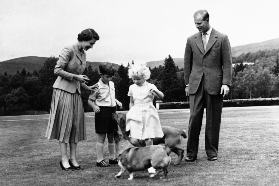 Drottning Elizabeth och prins Philip med Charles och Anne – och två corgis under tidigt 1950-tal.
