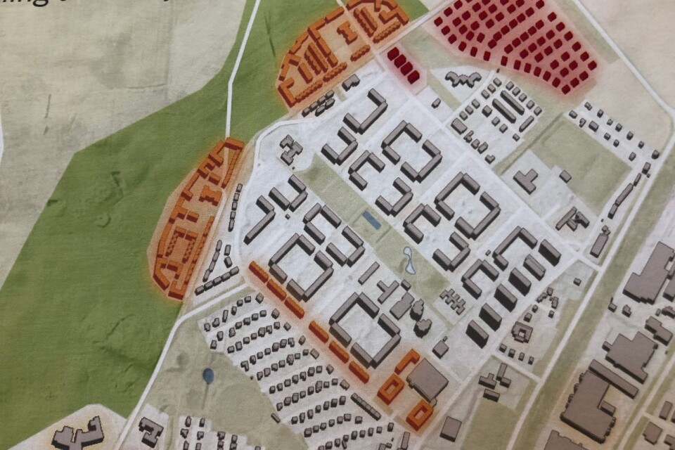 Gamlegården, Näsby. The colour orange indicates housing that is being proposed, among other things there may be more houses along Bataljonsvägen. The colour red is housing that is already planned.