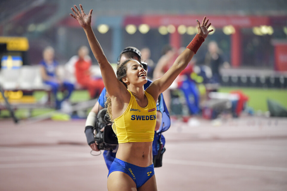 Angelica Bengtsson efter sitt svenska rekord i VM i Doha.