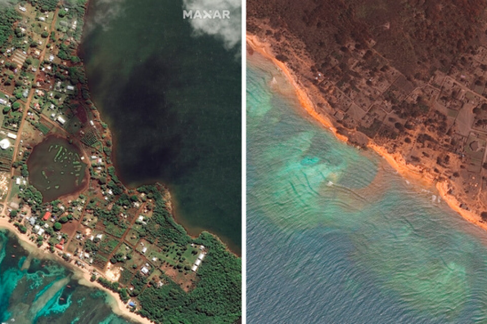 Två satellitbilder från före och efter vulkanutbrottet visar förödelsen i Nomuka i Tonga. Den vänstra bilden är från augusti 2020 och den högra från 20 januari i år.