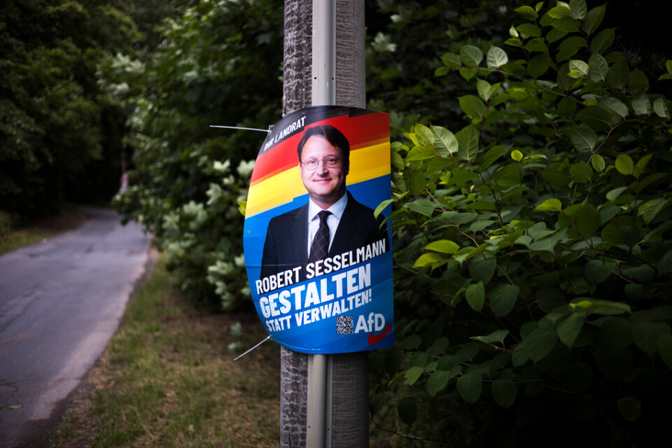 En av AFD:s valkampanjer med Robert Sesselmann i den lilla staden Sonneberg i delstaten Thüringen. Arkivbild.