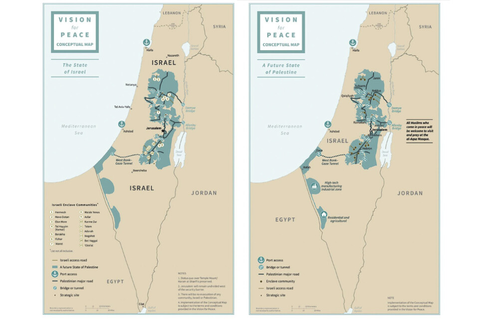 Den föreslagna gränsdragningen mellan Israel och ett självständigt Palestina. Områden på den ockuperade Västbanken, inklusive befintliga bosättningar, föreslås ingå i Israel.