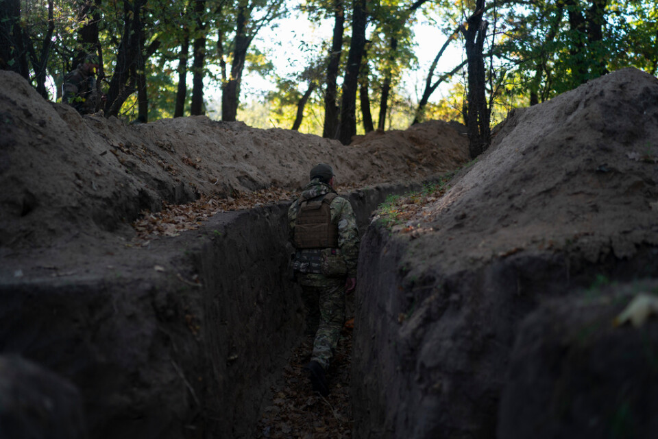 Ukrainska soldater inspekterar en skyttegrav grävd av ryska soldater i ett återtaget område i Chersonregionen. Bild från den 12 oktober.