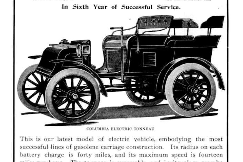 Reklam från 1901 för Columbia som tillverkade både el- och bensinbilar.