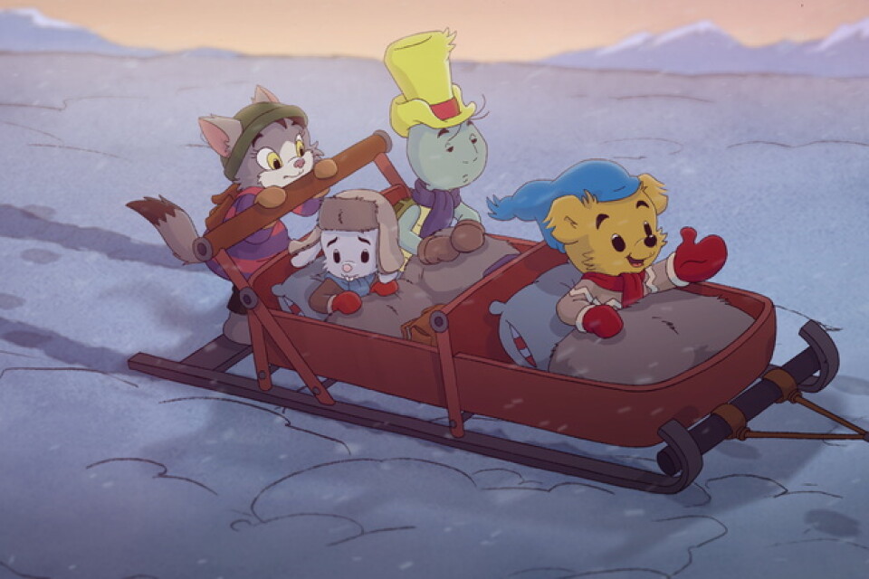 Bamse och hans vänner ger sig av mot Nordpolen – och träffar på tjuven Kattja – i nya ”Bamse och vulkanön”. Pressbild.