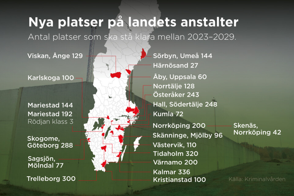 Antal platser som ska stå klara på svenska fängelser mellan 2023 och 2029.