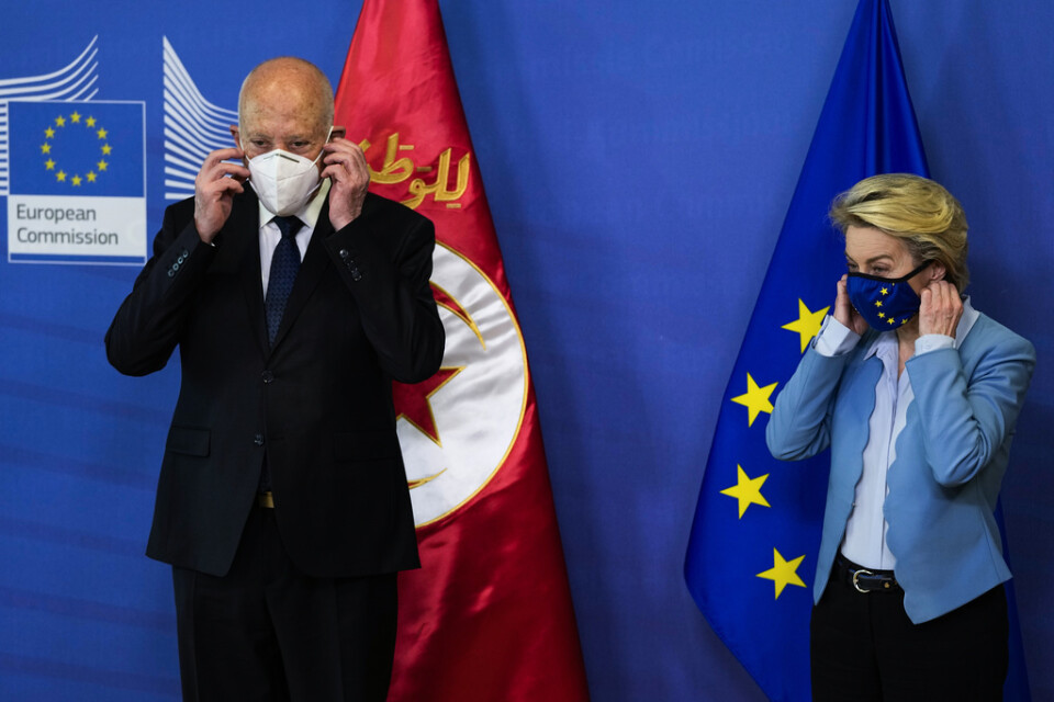 Tunisiens president Kaïs Saiedm, här tillsammans med EU-kommissionens ordförande Ursula von der Leyen i början av juni.
