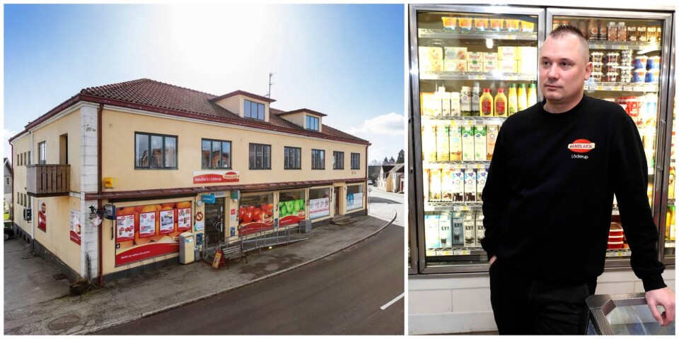 Fastigheten på Storgatan 44 i Löderup, samt Patrick Ahlgren som driver livsmedelsbutiken Handlar'n.