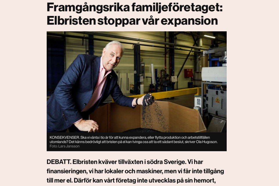Ola Hugoson, vd på Polykemi, skriver i Dagens industri om elbristens konsekvenser.