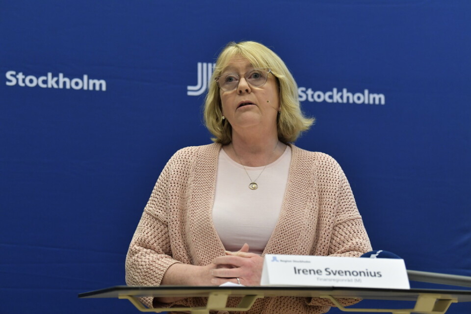 Finansregionråd Irene Svenonius (M) under torsdagens presskonferens om Region Stockholms arbete med anledning av coronakrisen.