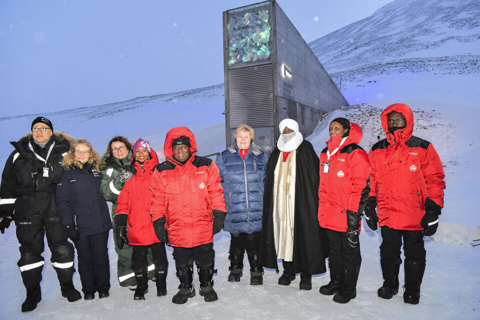 Norges statsminister Erna Solberg med bland andra Ghanas president Nana Akufu-Addo till vänster samt andra representanter från SDG-gruppen som jobbar för FN:s globala mål för hållbar utveckling vid tisdagskvällens frödeponeringsceremoni vid Svalbards globala frövalv i Longyearbyen.