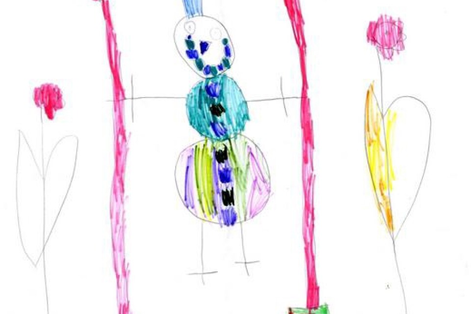 Emilia Månsson, sex år, Timmermansgatan 26, Skillinge, har ritat en snögubbe.