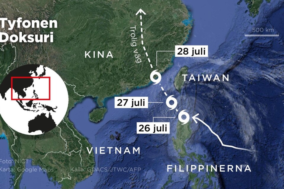 Kartan visar tyfonen Doksuris troliga väg 27–28 juli.