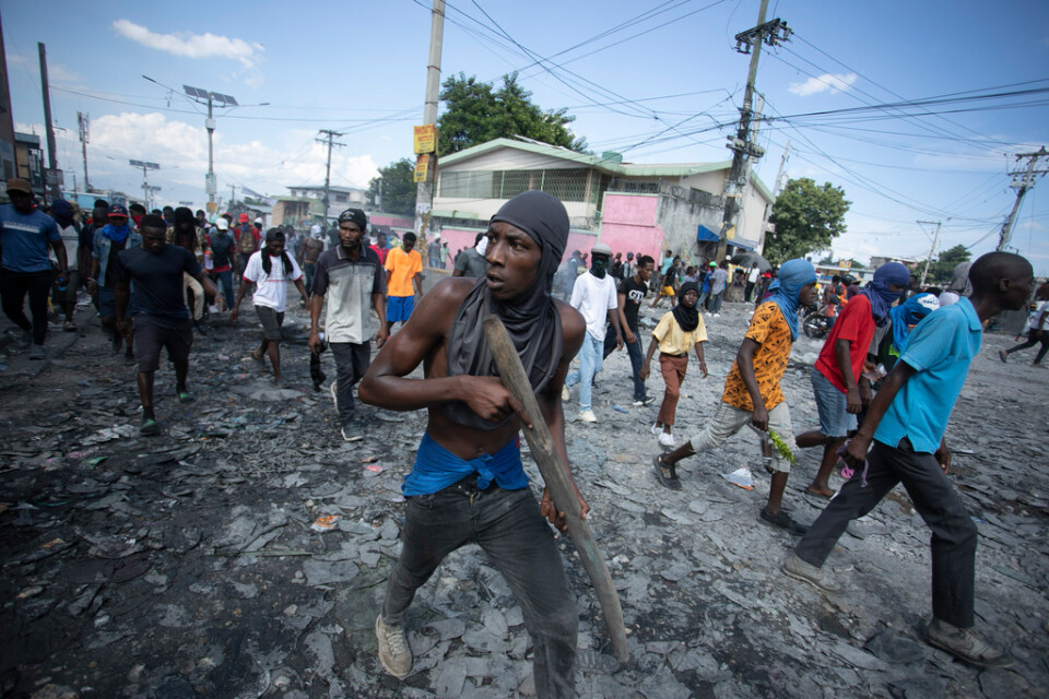 En demonstrant bär en träbit som ett vapen under en protest mot regeringen i södra Port-au-Prince, den 3 oktober. Arkivbild.