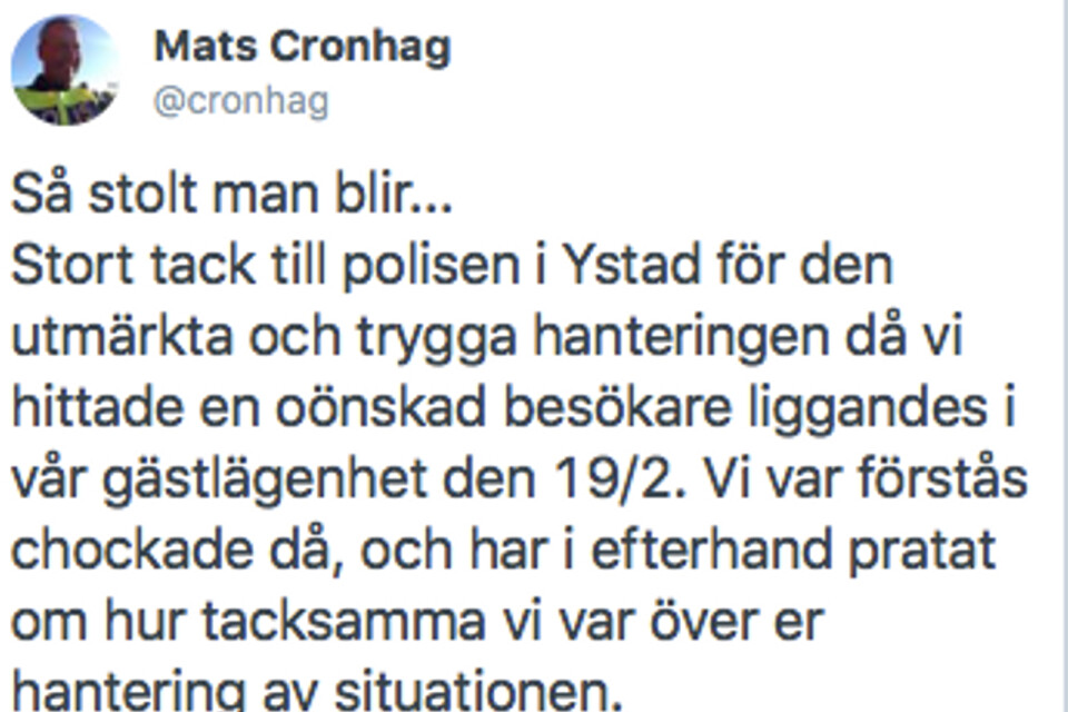 Mats Cronhags inlägg på Twitter.