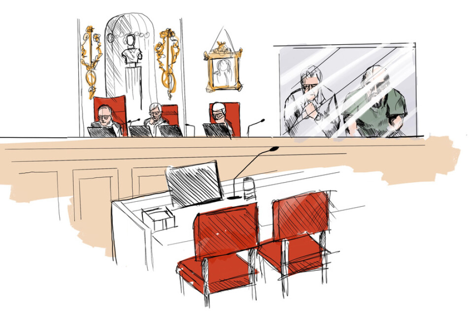 Illustration från häktningsförhandlingen i Högsta domstolen. Mannen sitter i grön t-shirt, med på videolänk.