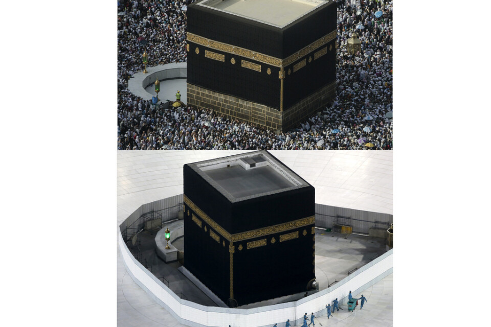 Oron för det nya coronaviruset sätter tydliga spår vid Kaaba i Stora Moskén i Mecka. Bild till vänster från augusti 2018, till höger från mars 2020.