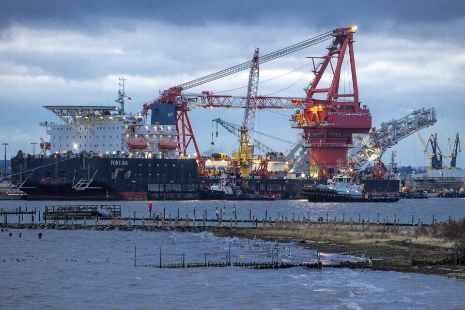 Det ryska rörläggningsfartyget Fortuna i hamnen i tyska Wismar den 14 januari. Arkivbild.