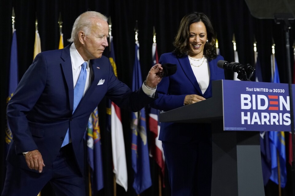 Demokraternas presidentkandidat Joe Biden presenterar sin vicepresidentkandidat, Kaliforniensenatorn Kamala Harris.l