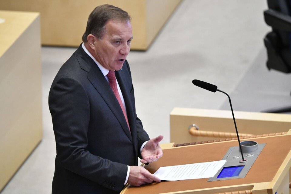 Statsminister Stefan Löfven (S) vid riksdagsårets första partiledardebatt i riksdagen.