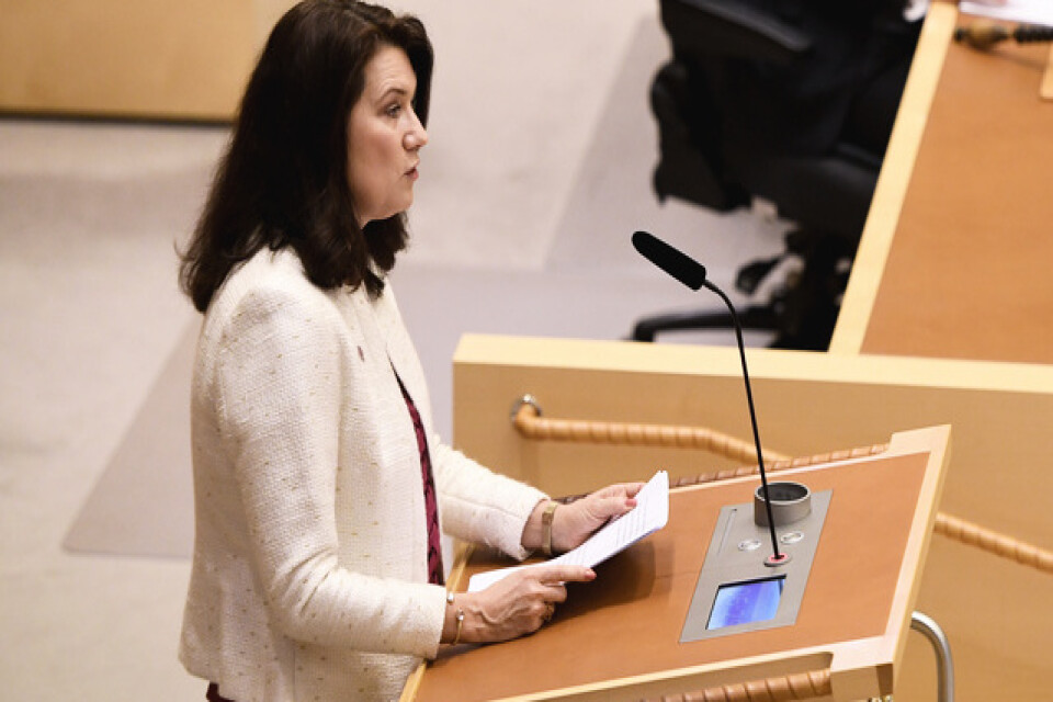 Utrikesminister Ann Linde (S) talar under den utrikespolitiska debatten i i riksdagen i Stockholm.