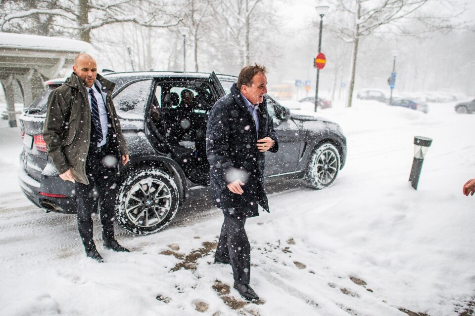 Ett rejält snöoväder välkomnade statsminister Stefan Löfven till Kalmar.