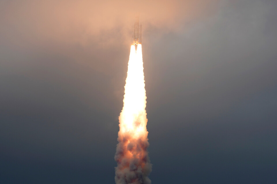 Den indiska rymdfarkosten Chandrayaan-3 sköts upp från rymdcentret Satish Dhawan på ön Sriharikota i östra Indien den 14 juli. Arkivbild.