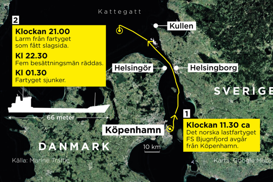 Ett norskt lastfartyg fick slagsida under torsdagskvällen och fem besättningsmän fick räddas via en helikopter. Under natten sjönk fartyget till botten.