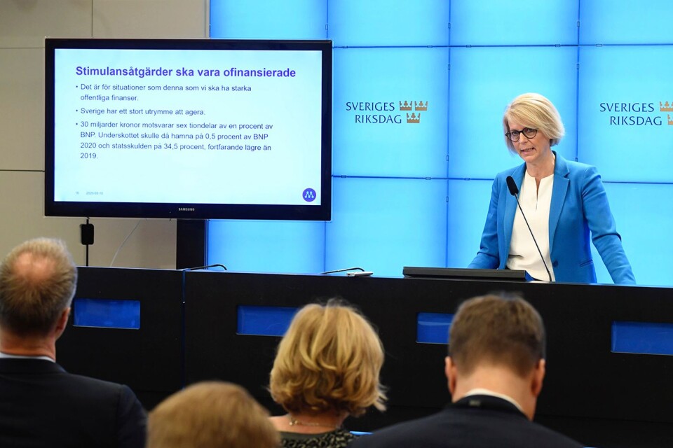 Moderaternas ekonomiske talesperson Elisabeth Svantesson (M) håller pressträff om ekonomiska stimulanser för att motverka att Coronaviruset leder till svåra skador på samhällsekonomin.