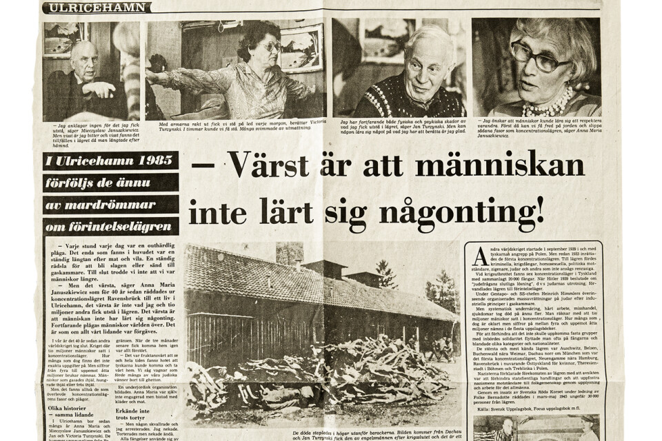 BT 25 februari 1985. Anna-Maria och hennes make Mieczyslaw berättar själva om sina upplevelser från tiden i koncentrationsläger, tillsammans med två andra Förintelseöverlevare i Ulricehamn.