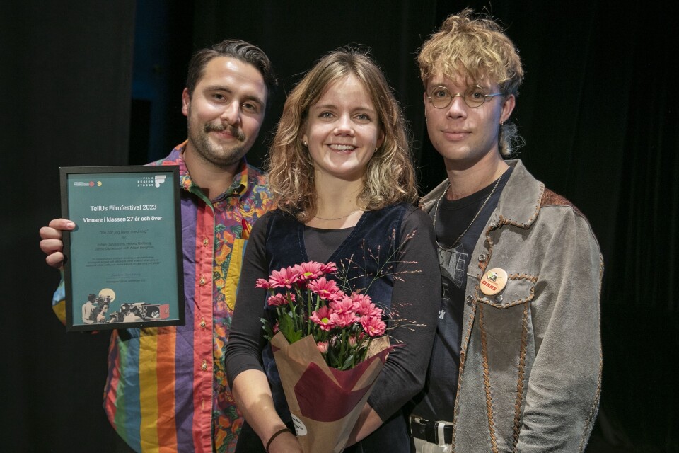 Adam Bergman, Helena Gullberg och Johan Danielsson från Alvesta vann under TellUs Filmfestival 2023.